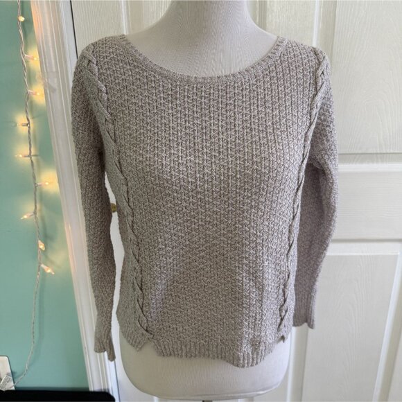 American Eagle Beige Cable Knit Slightly Cropped Fall Sweater with Braid Details - Picture 1 of 7